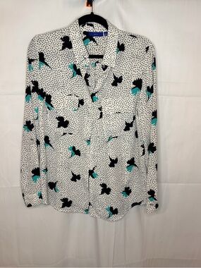 Apt. 9 Cream Blouse with Black Polka Dots and Teal Floral Accents